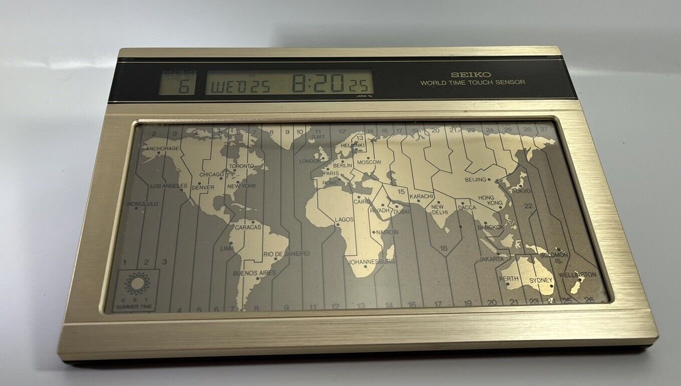 Vintage Seiko World Time Touch Sensor YJ20 Desk Clock Japan WORKS