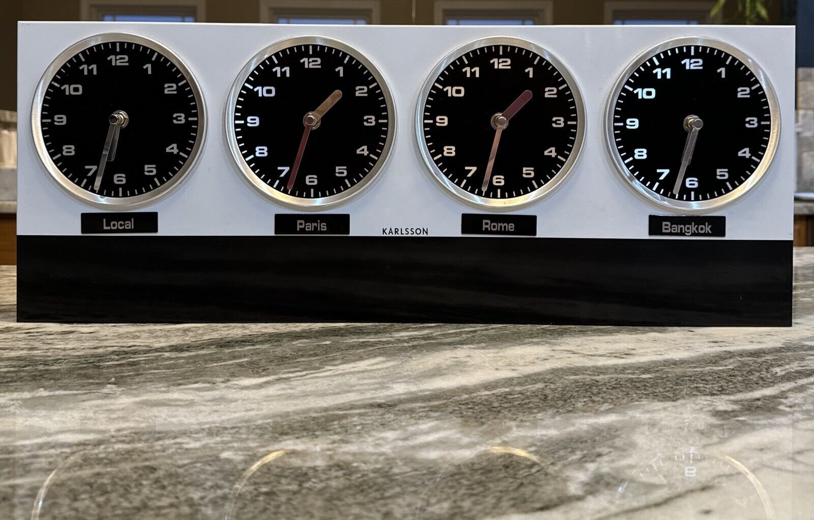 Vintage Stainless Steel KarIsson World Time Zone 4 Analog Wall Clocks, Scarce