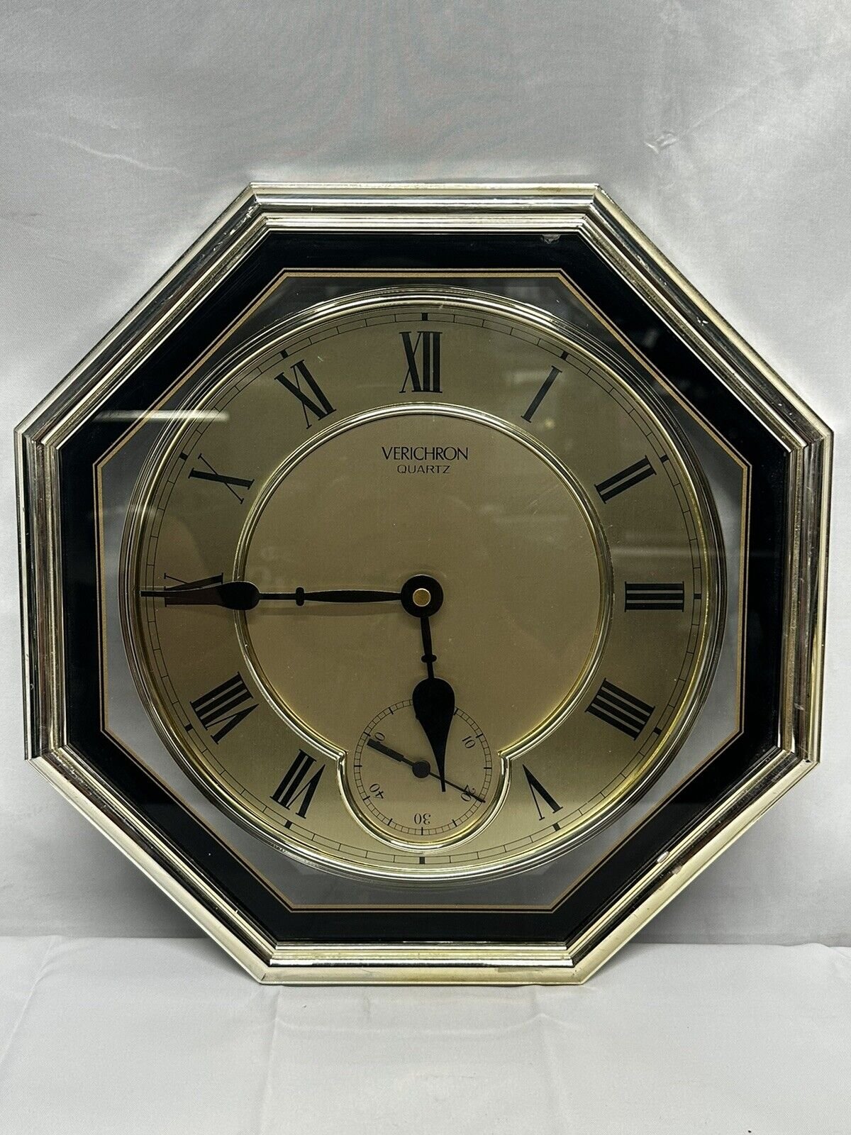 Vintage Verichron Quartz Glass Wall Clock Octagonal Black Silver Works Well