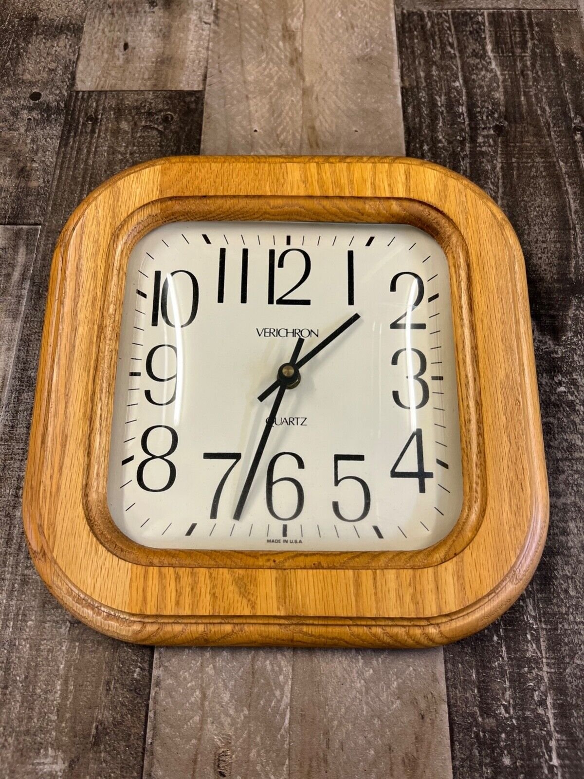 Vintage VERICHRON solid oak wood frame square wall clock 10.5". NICE Tested!