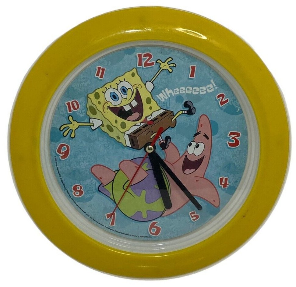 VINTAGE VIACOM SPONGEBOB SQUAREPANTS 9" GLASS FRONT WALL CLOCK YELLOW WORKS