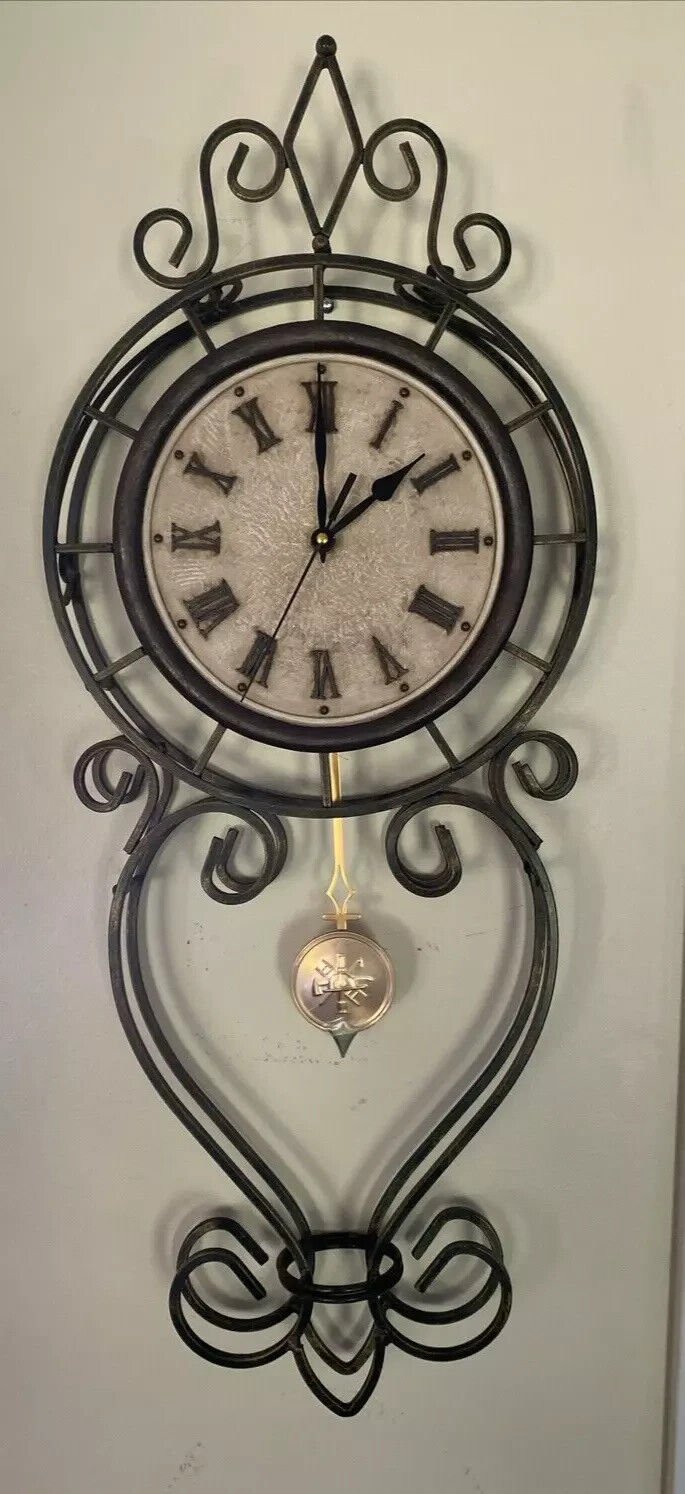 Vintage Victorian Ornate Wrought Iron Pendulum Wall Clock 32" X 10" X 4" inch