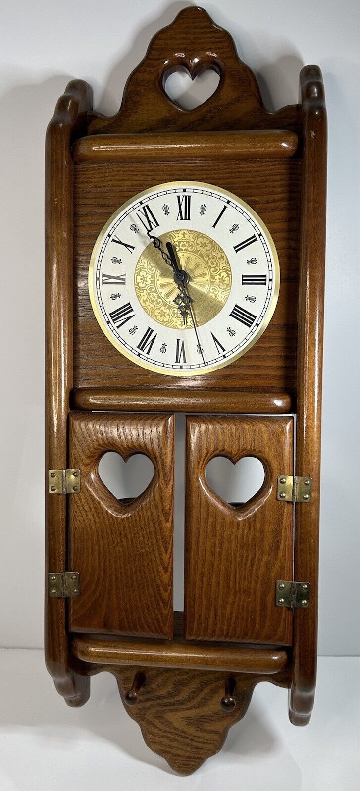 Vintage Wall Clock Wooden Hand Made Heart Figurine With Candle Holders