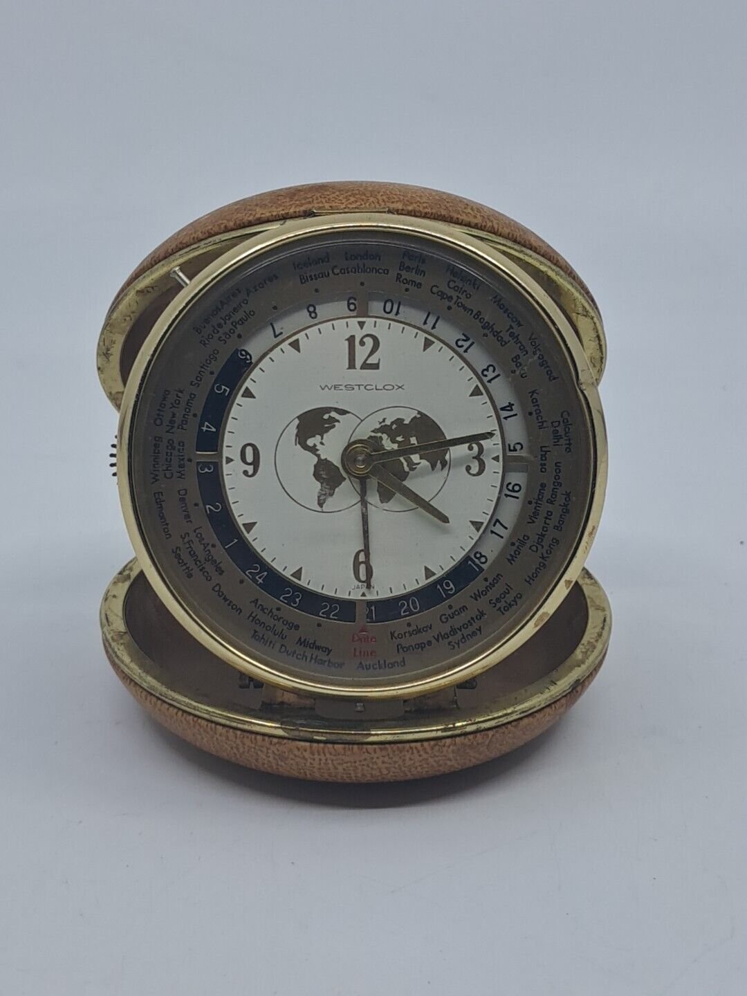 Vintage Westclox Round World Travel Folding Wind-Up Alarm Clock Japan