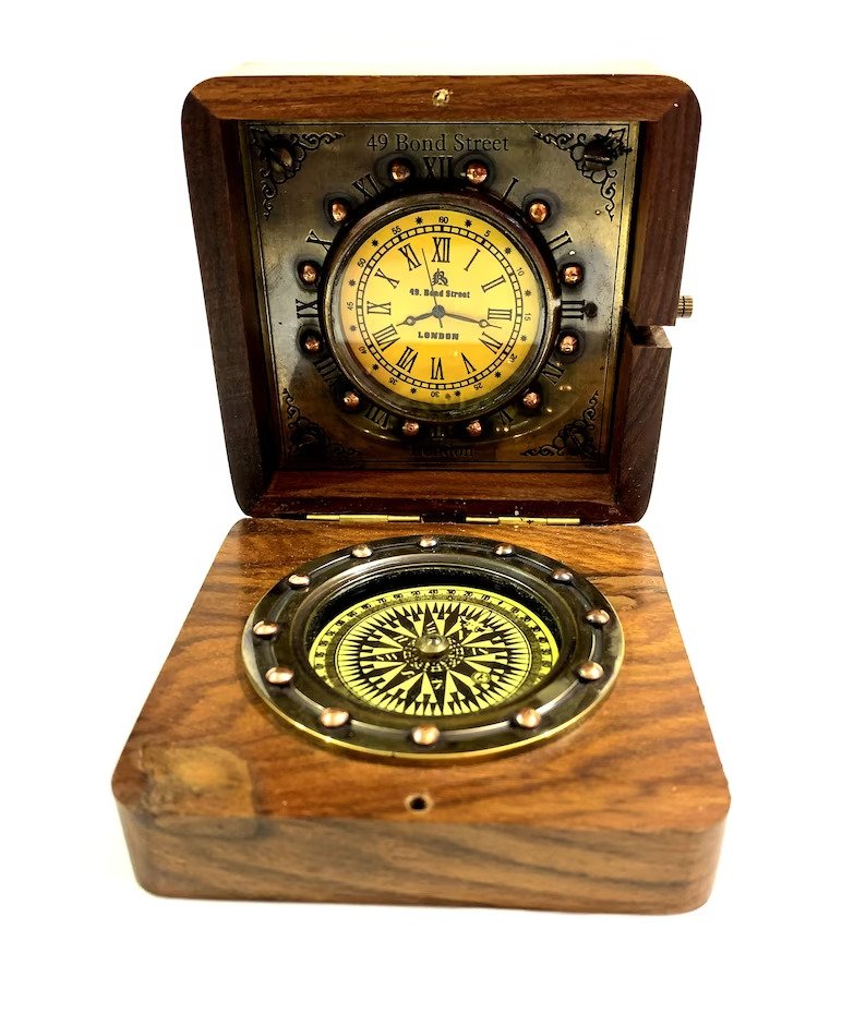 Vintage Wooden Engraved Clock & Compass Antique Nautical Decorative Compass Gift
