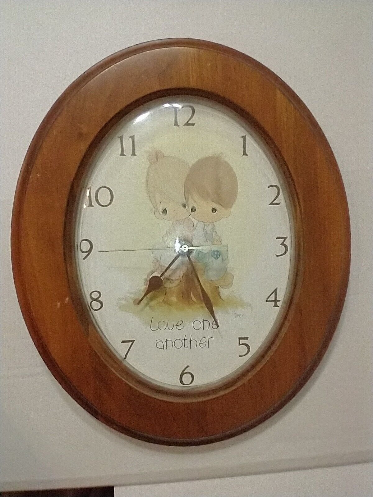 Vintage Wooden Precious Moments "Love One Another" Wall Clock, Oval Shape,1980