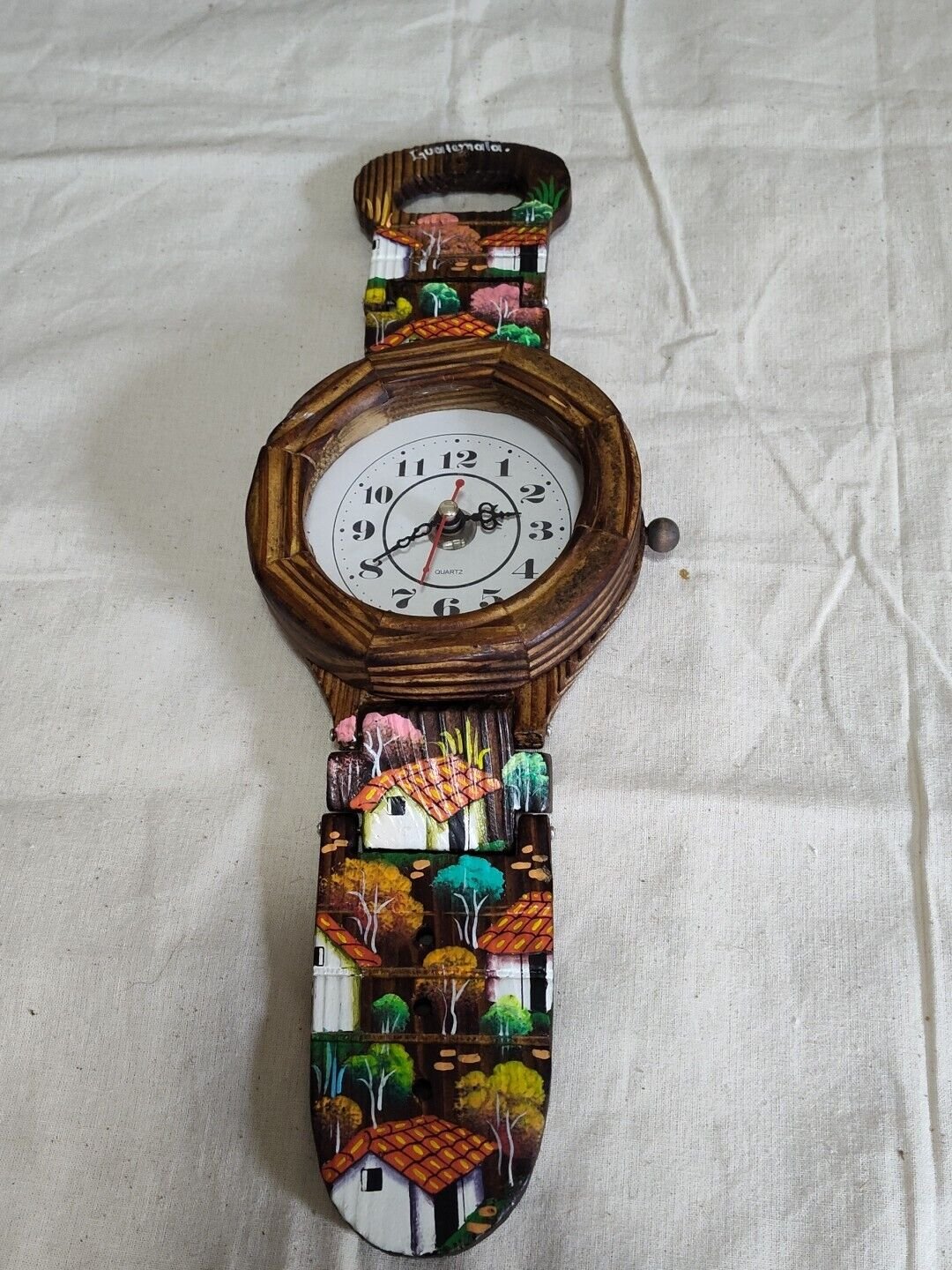 Vintage Wooden Wall Wrist Watch Desk Clock Guatemala Approx. 14" Long Works D9