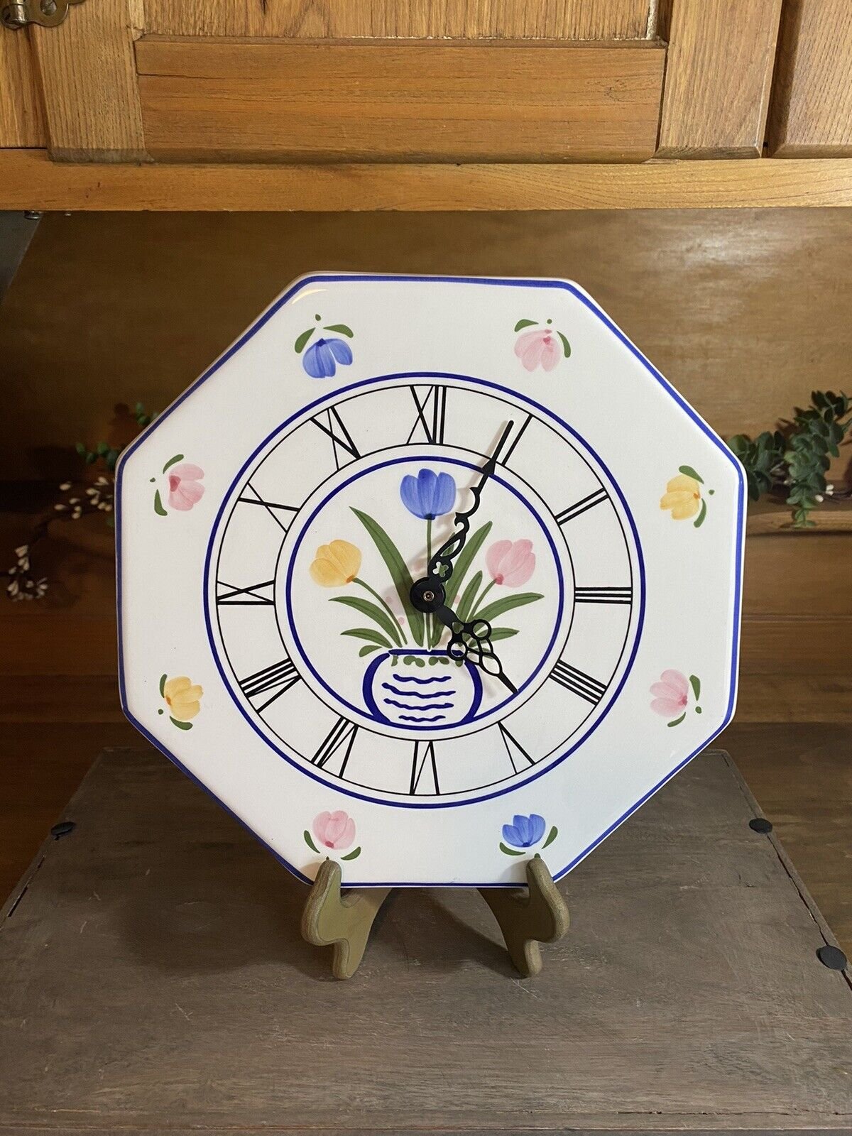 Vtg Ceramic Quartz Octagon Wall Clock Works Roman Numerals 10" Sunbeam? NICE