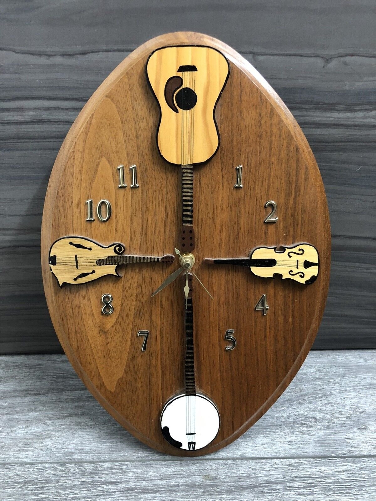 VTG Hand Made In USA Wooden Guitar Wall Clock 3D Guitars By Log Cabin Woodworks