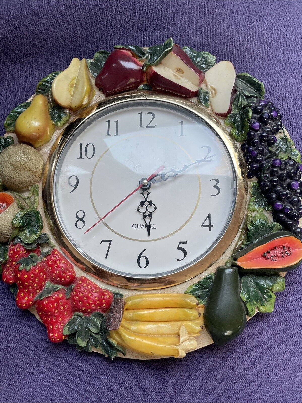 Vtg KMC Mixed Fruits Wall Clock Sculpted 3D 80s 12" Realistic Tested Works
