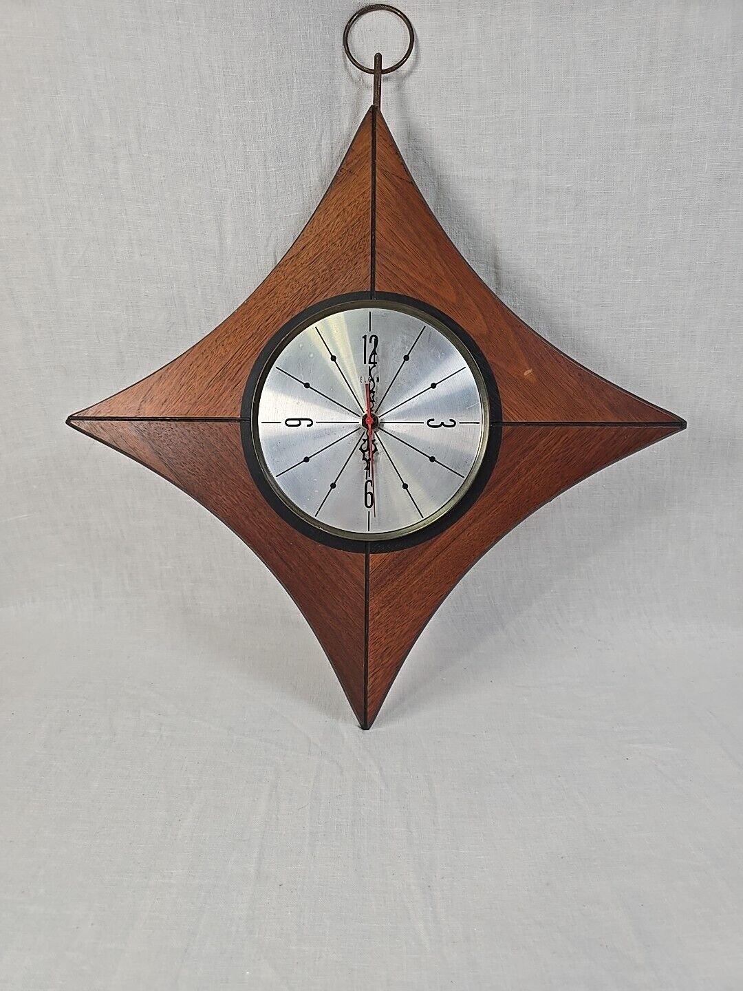 Vtg Mid Century Modern Wall Clock Elgin Diamond Shape MCM Atomic TESTED Vintage