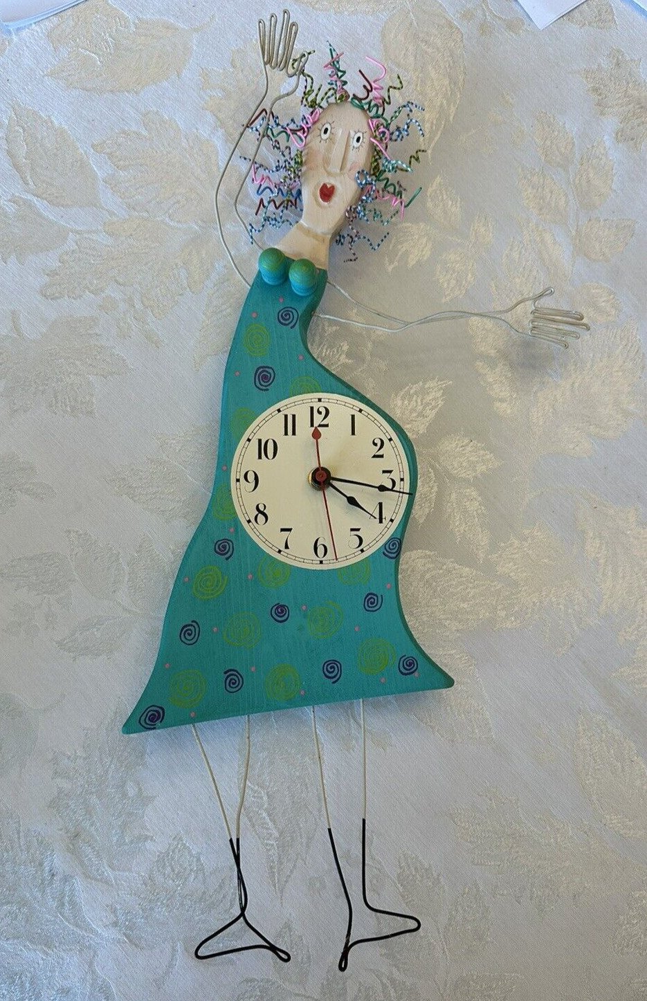 Vtg Signed Whimsical Folk Art Hand Carved Wooden Lady Grandma Wall Clock Works
