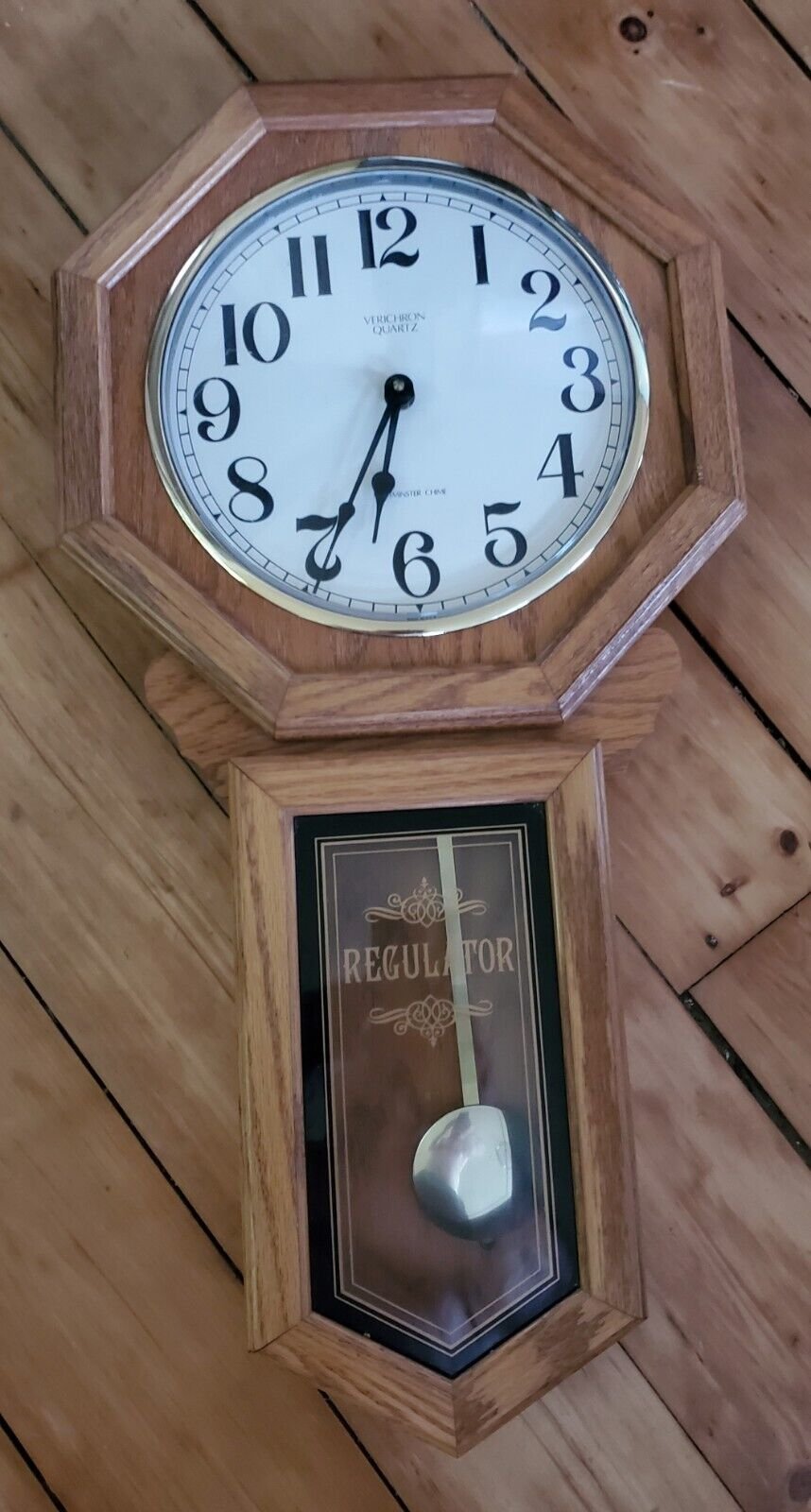 Vtg Verichron Pendulum Regulator Antique Quartz Wall Clock Wood Working 27 Inch