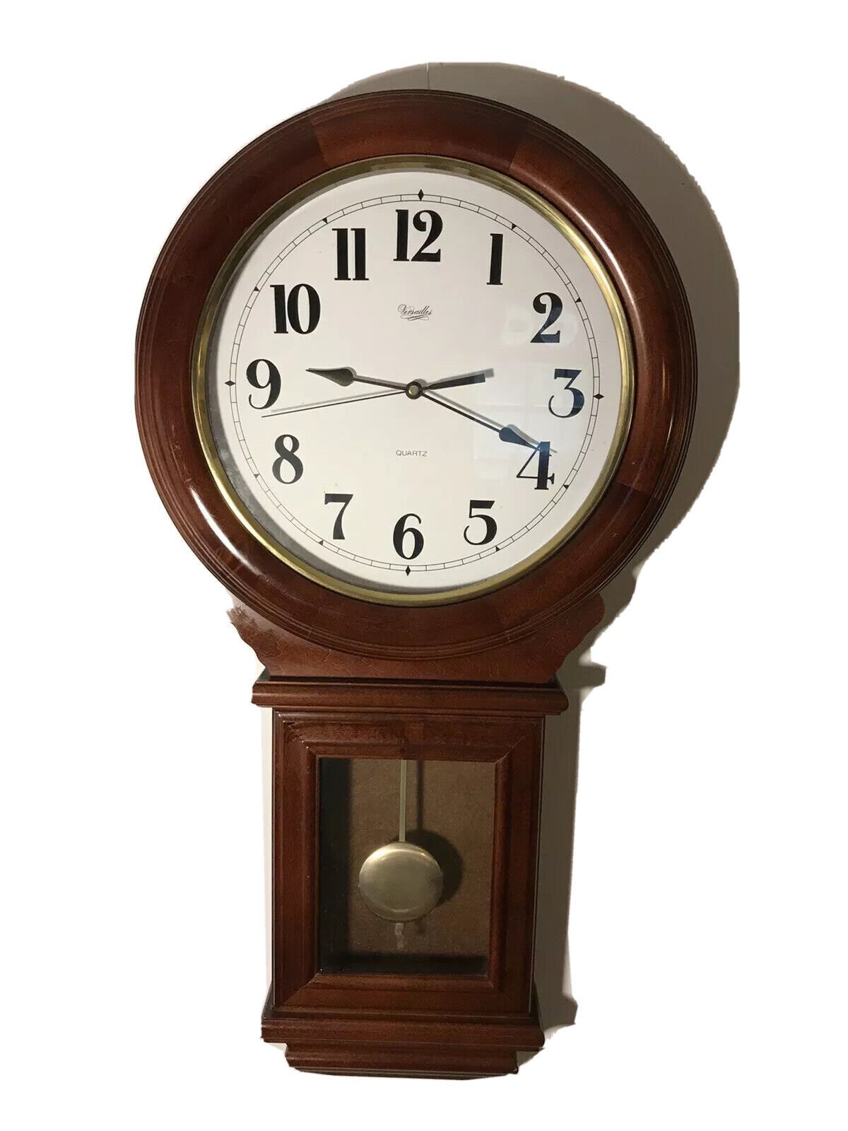 Vtg Versailles 30” Wall Clock -Quartz-Solid Wood Mahogany Finish Case -USA Made