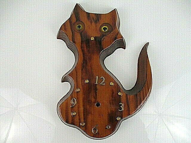 Vtg Wood WOODEN CLOCK Lacquered Sitting Kitty CAT Resin Wall Shiny Need Movement