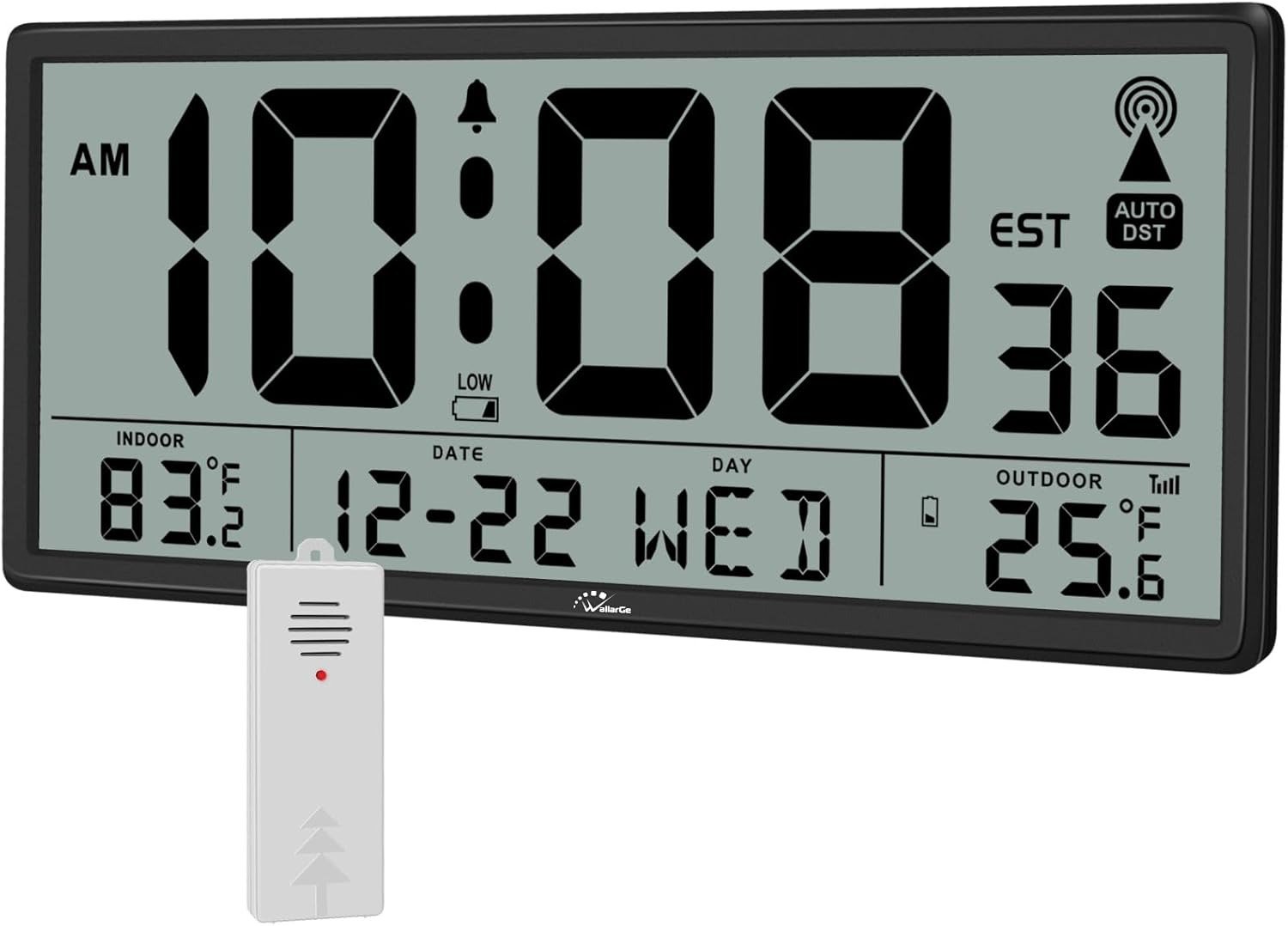 WallarGe 14.5" Atomic Clock - Jumbo Digital Wall Clock with Indoor/Outdoor Temp