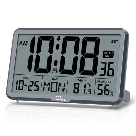 WallarGe Digital Wall Clock, Autoset Desk Clocks with Temperature, Humidity and Date, Battery Operated Digital Clock Large Display, 8 Time Zone, Auto DST. Grey