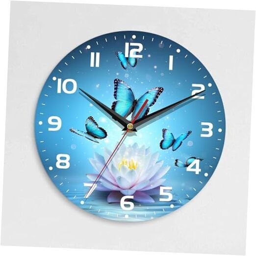 Wall Clock, 10 Inch Silent Non-Ticking Home Magic Lotus Flower Butterfly