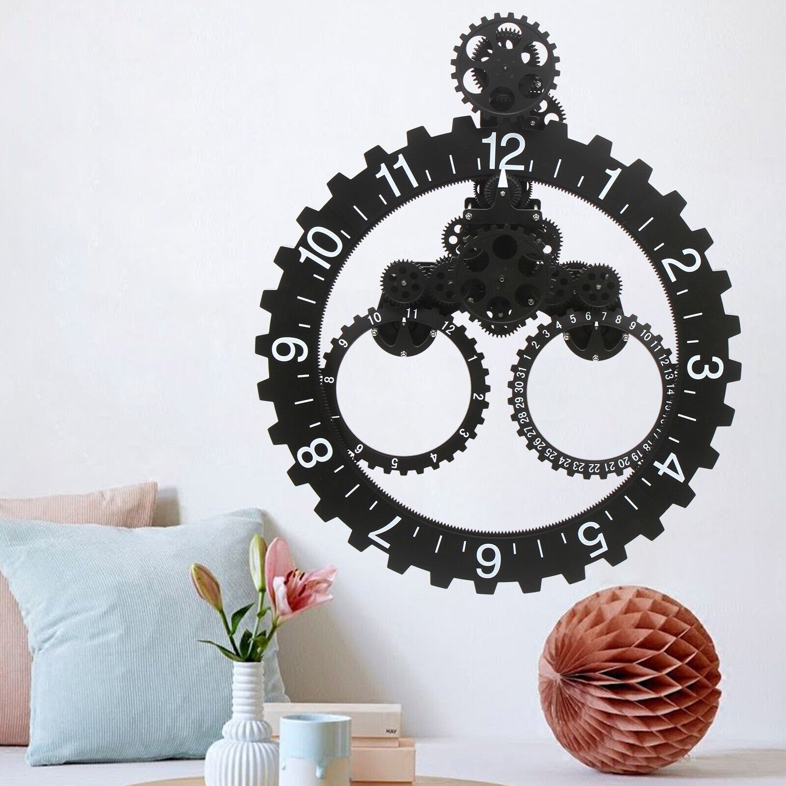 Wall Clock 27" Industrial Black Metal Gear Mechanical Moving Gear Wall Clock ]