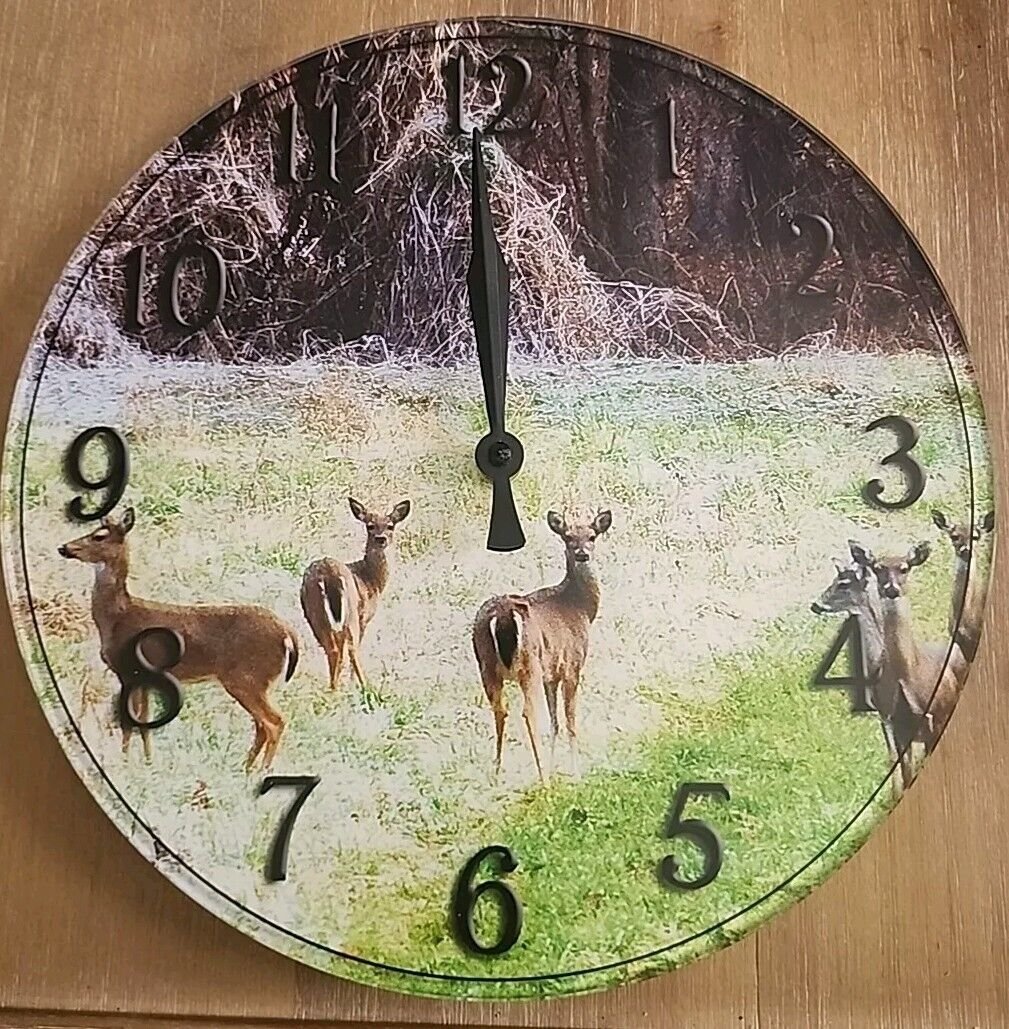 Wall Clock Deer Tree RiveTicking Clock Woods Deer Grass 10" Numbers