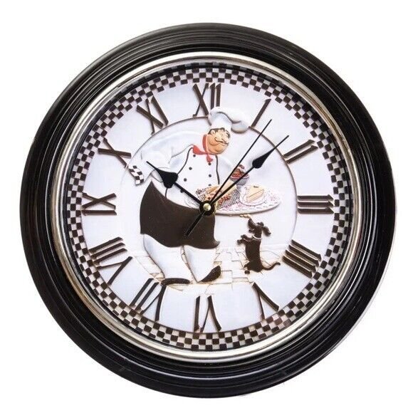 Wall Clock Fat Italian Chef French Baker Analog Battery Round White Black 12 in