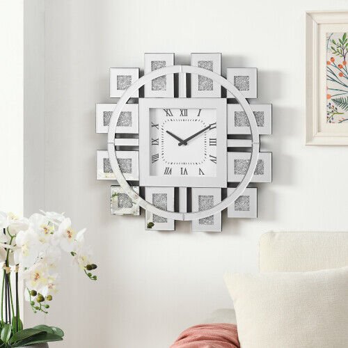 Wall Clock in Mirrored & Faux GemStones Diamond Mirrored Clock Home Decoration