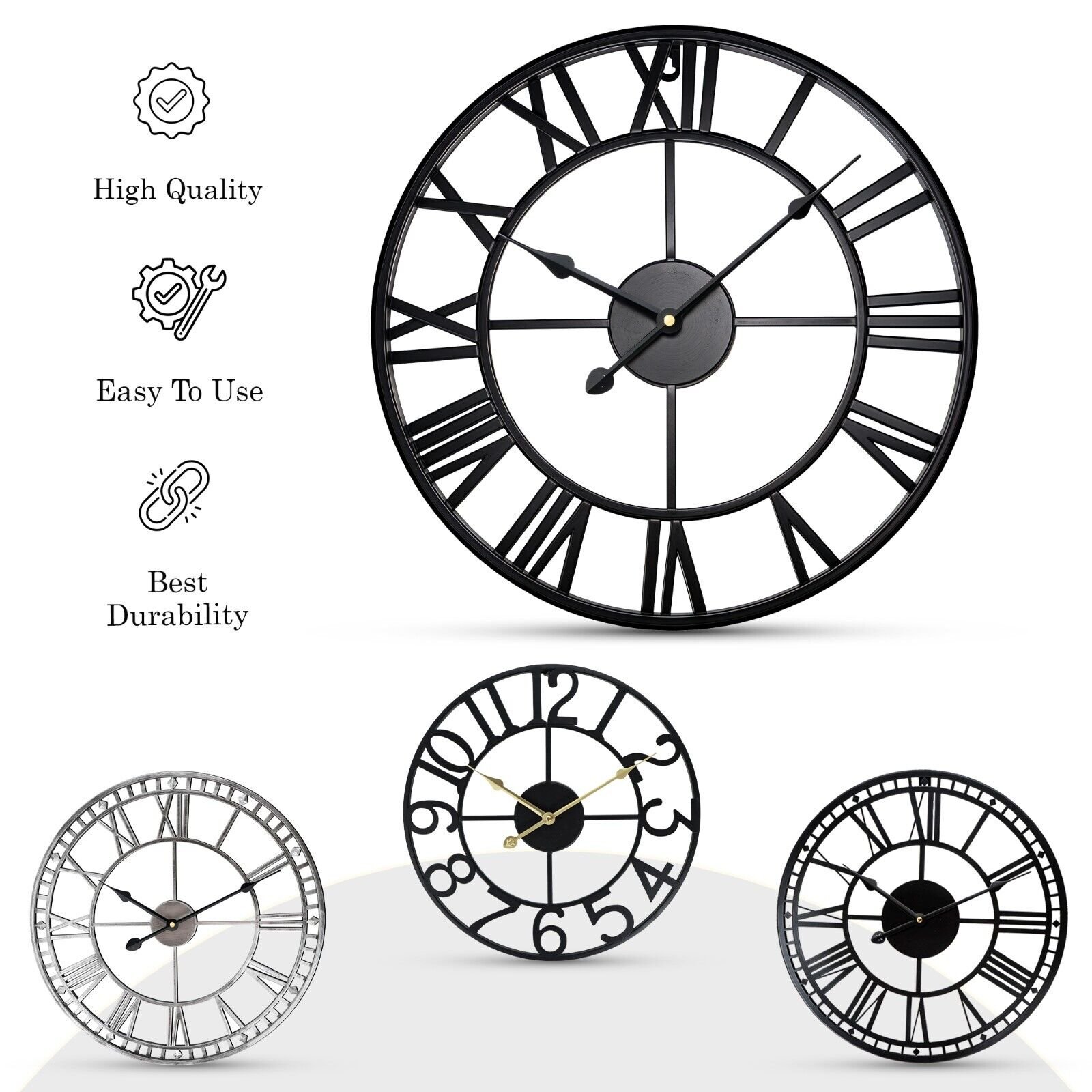 Wall Clock Roman Round Face White Large Roman Numerals Skeleton Designed Garden