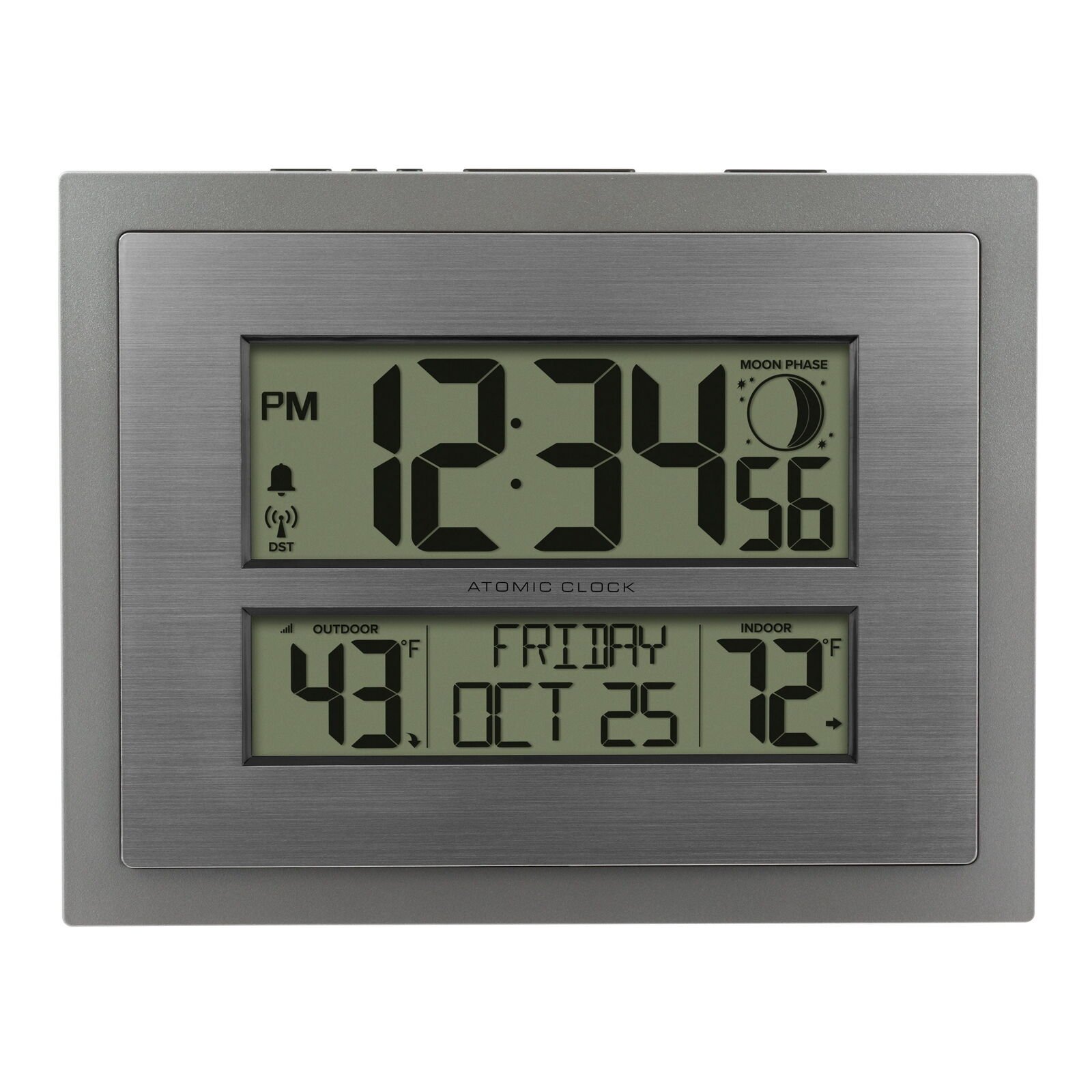 Wall/Table Atomic Clock, Silver, with Moon Phase & Calendar