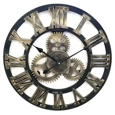 Westclox Large Gear Analog QA Wall Clock with Open Roman Numerals and Black and Gold Finish Westclox Large Gear Analog QA Wall Clock with Open Roman Numerals and Black and Gold Finish detail