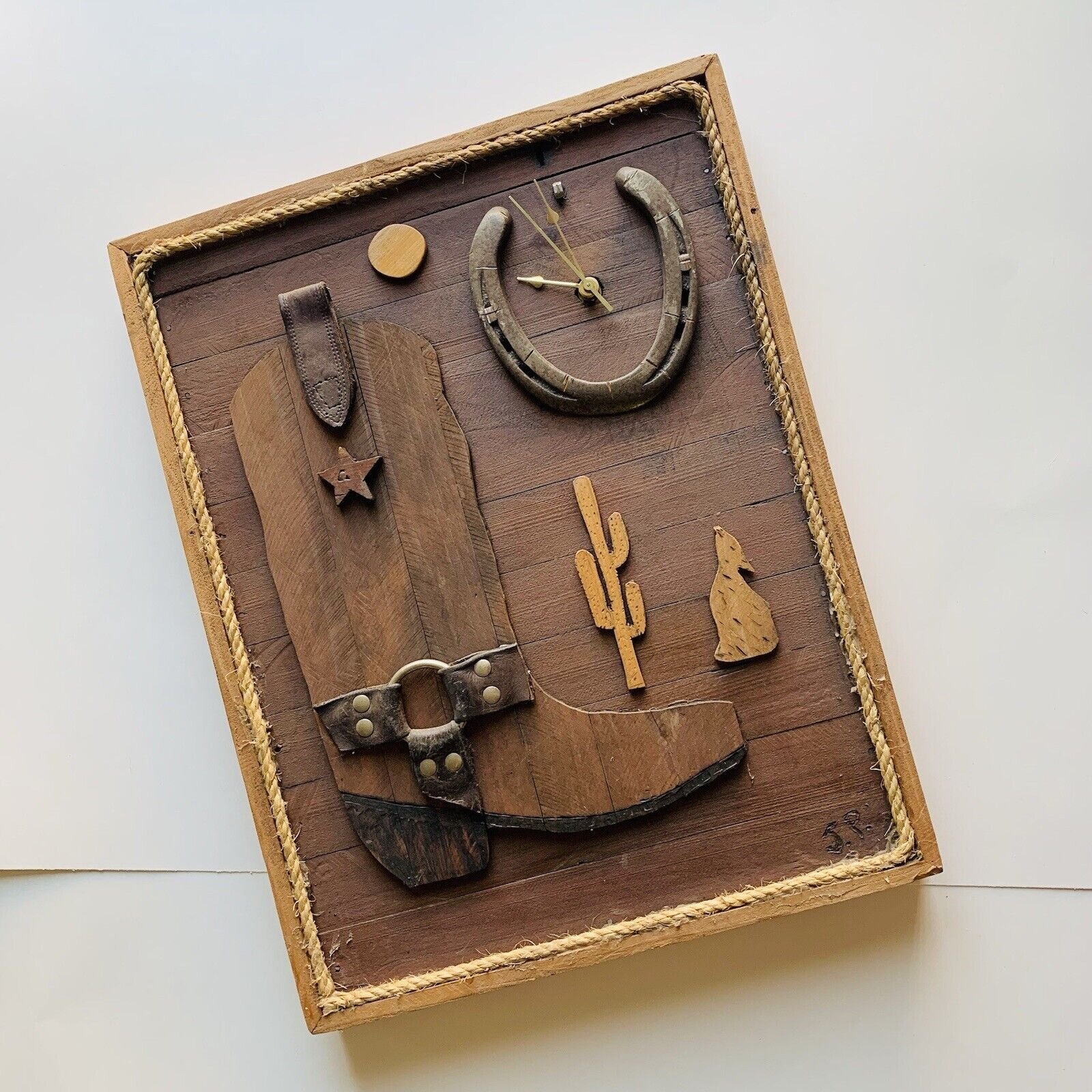 Western Cowboy Boot Horseshoe Wood Art Clock Handmade Signed & Numbered Wolf