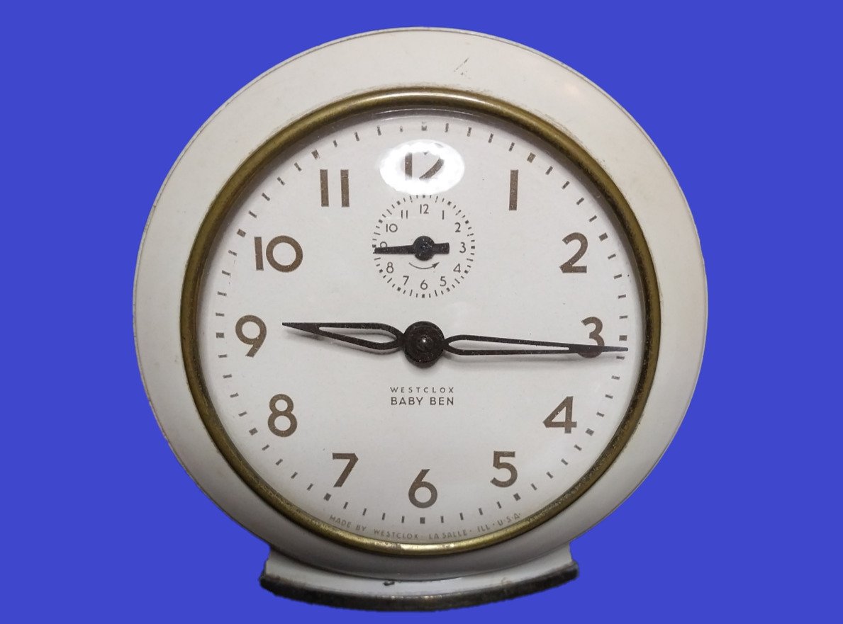 White 50s Westclox Baby Ben Wind-up Alarm ClockModel #61V-2AWorks Great!