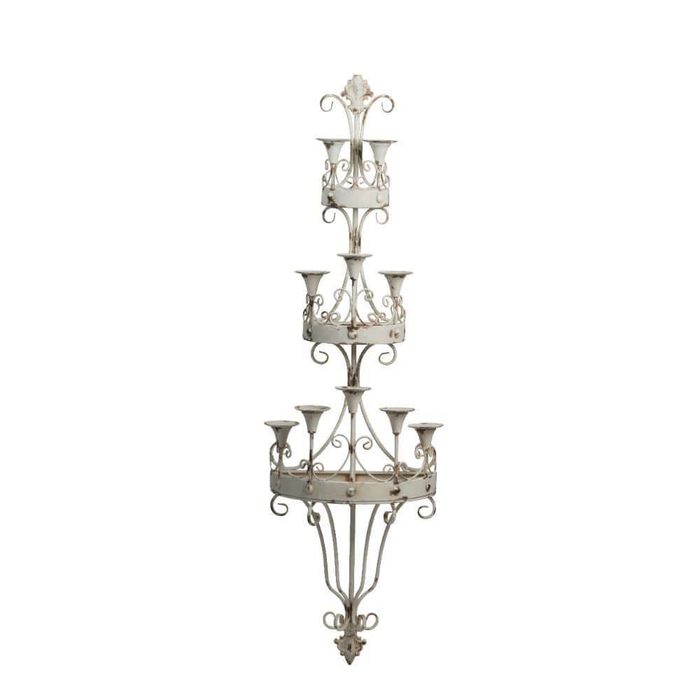 White Metal Wall Mount Candle Holder with Ornately Scrolled Design Frame