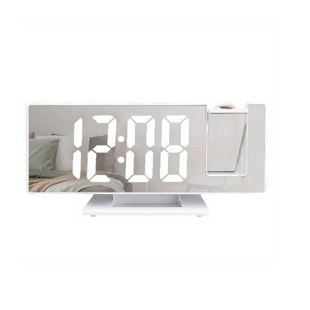 White Projector Digital Table Mirror Alarm Clock with Large LED Screen for...