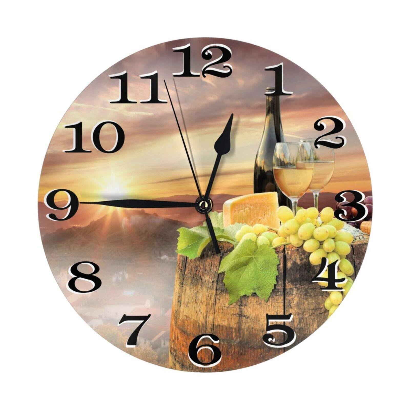 White Wine with Barrel Wall Clock Battery Operated Silent Round Clock Wall De...