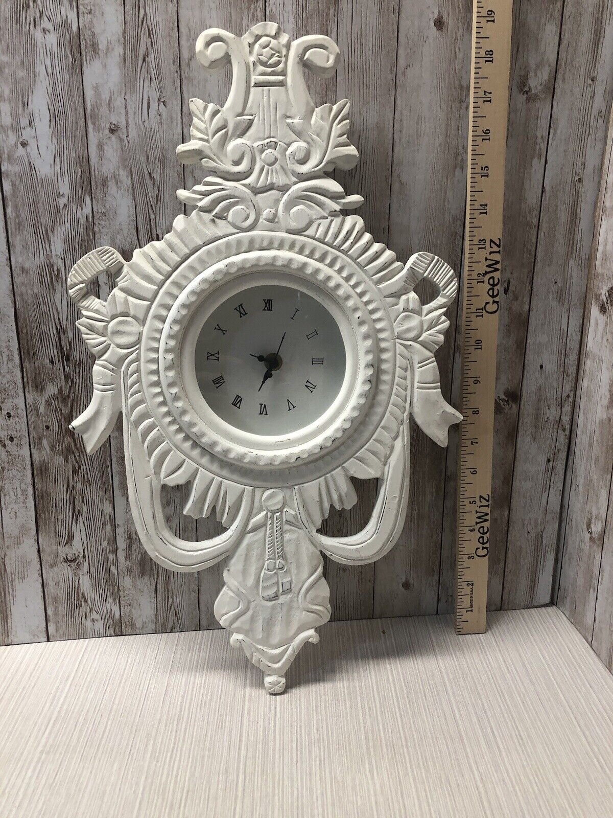 White Wood Carved Scroll Wall Clock 18” Ribbon Scroll Shabby Chic FREE SHIPPING