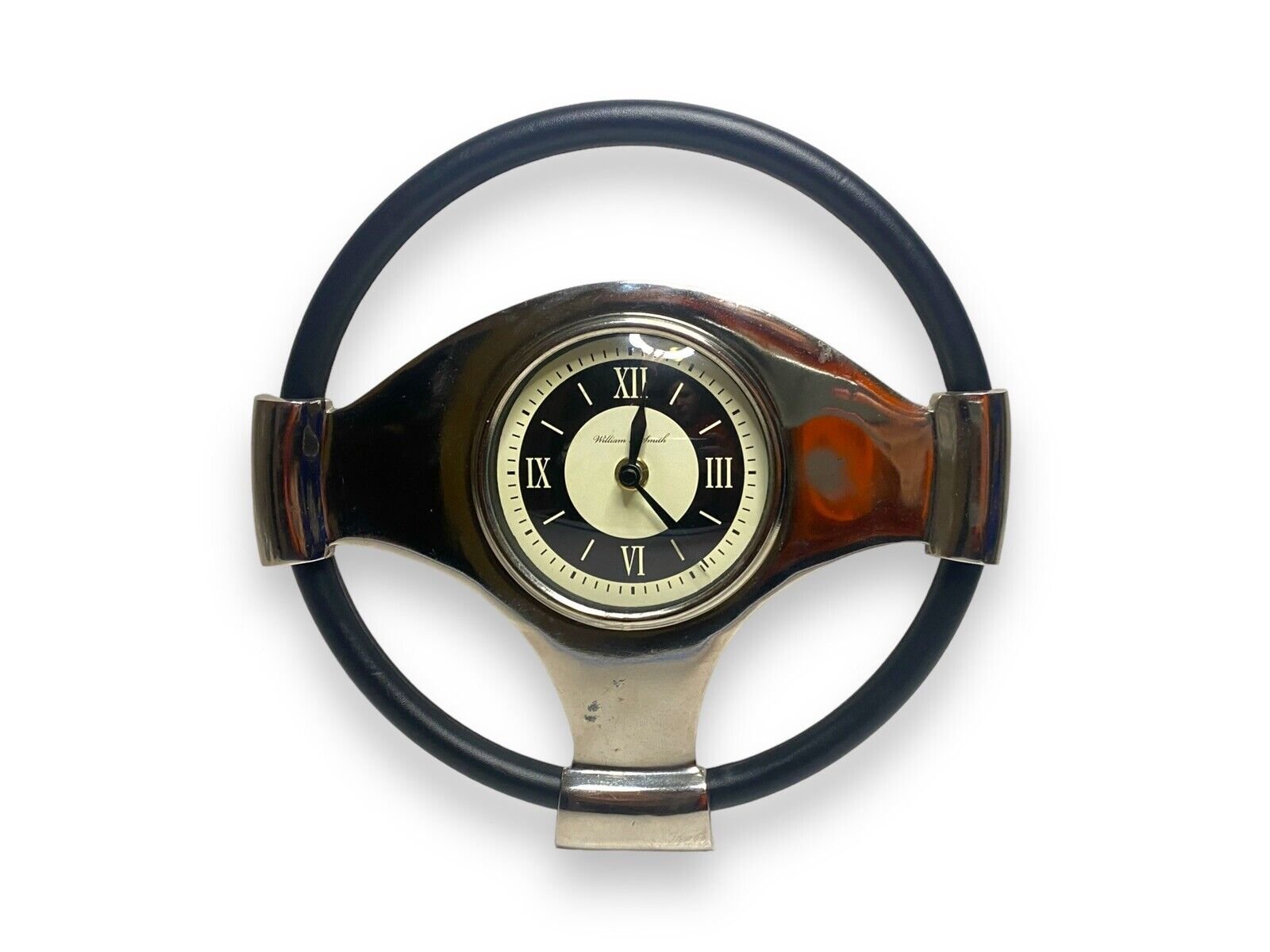 William & Smith Chrome and Black Steering Wheel Desk Clock Vintage Tested