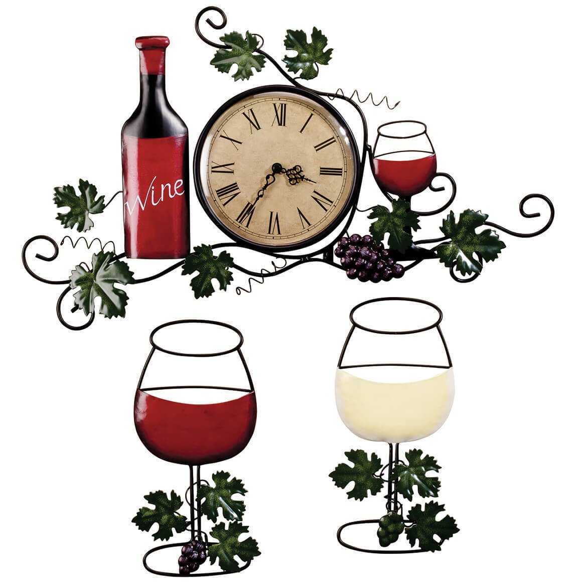 Wine Wall Clock and Wine Glasses Decor Set