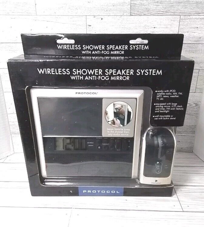 Wireless Shower Speakers w/Anti Fog Mirror & Clock FM scan Feature. NEW