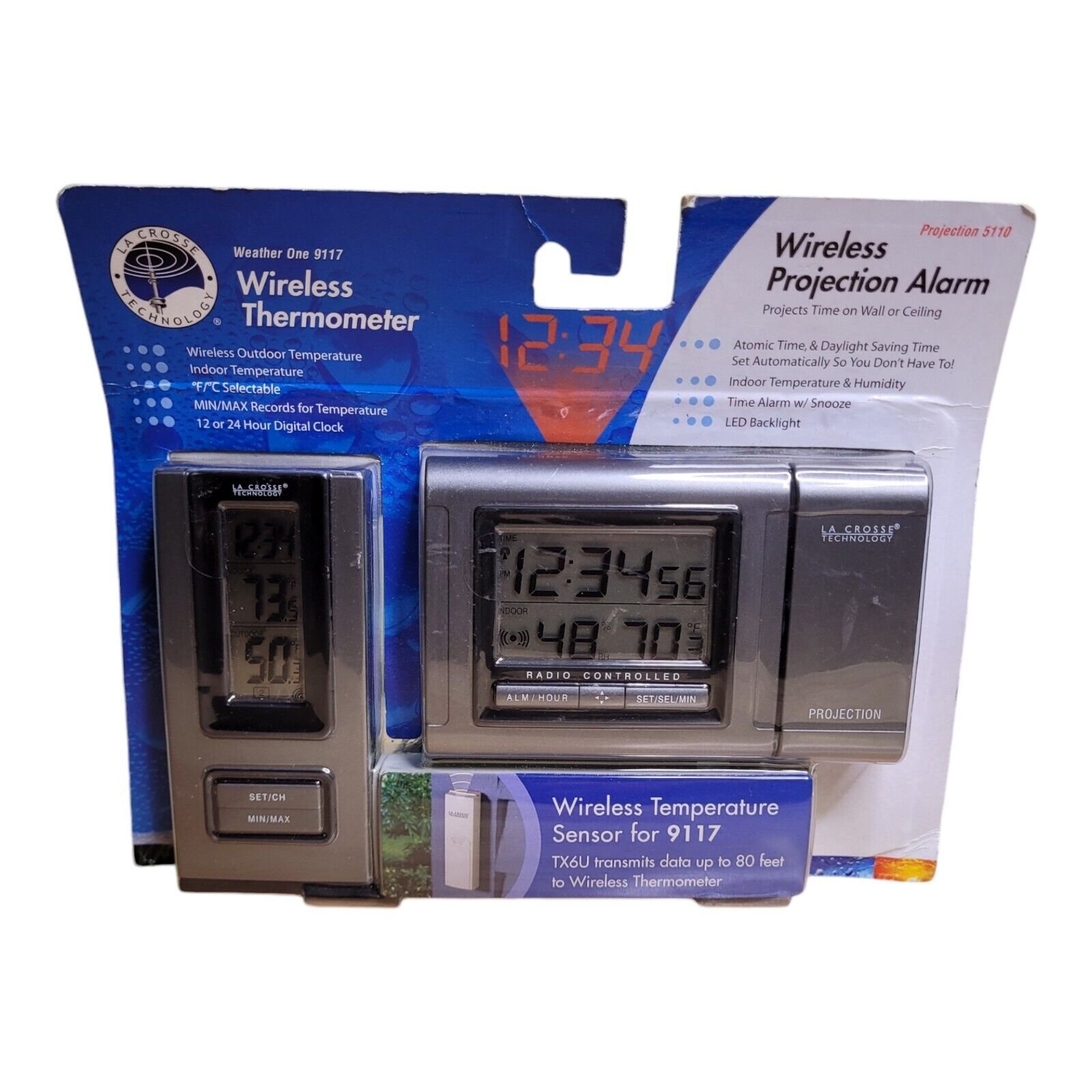 Wireless Thermometer La Crosse Sensor Receiver Projection Clock Combo 9117 5110