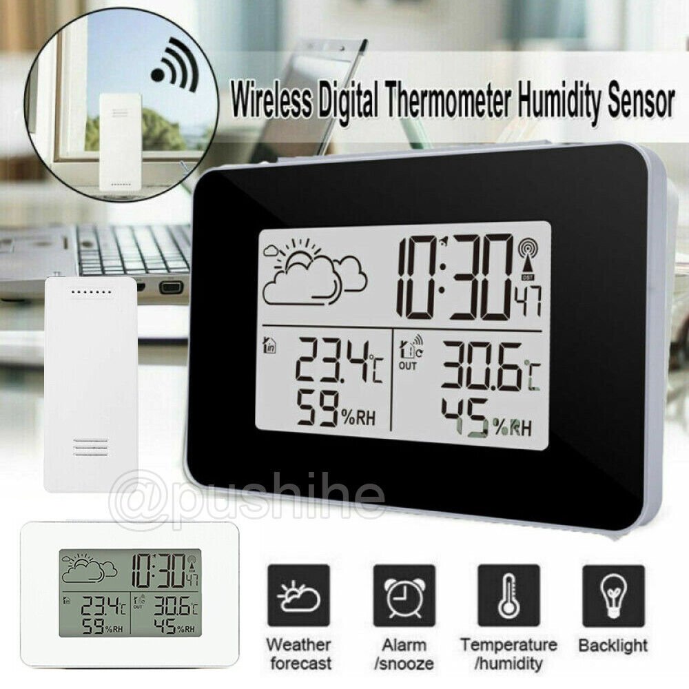 Wireless Weather Station Clock Digital LCD Indoor & Outdoor Humidity Thermometer