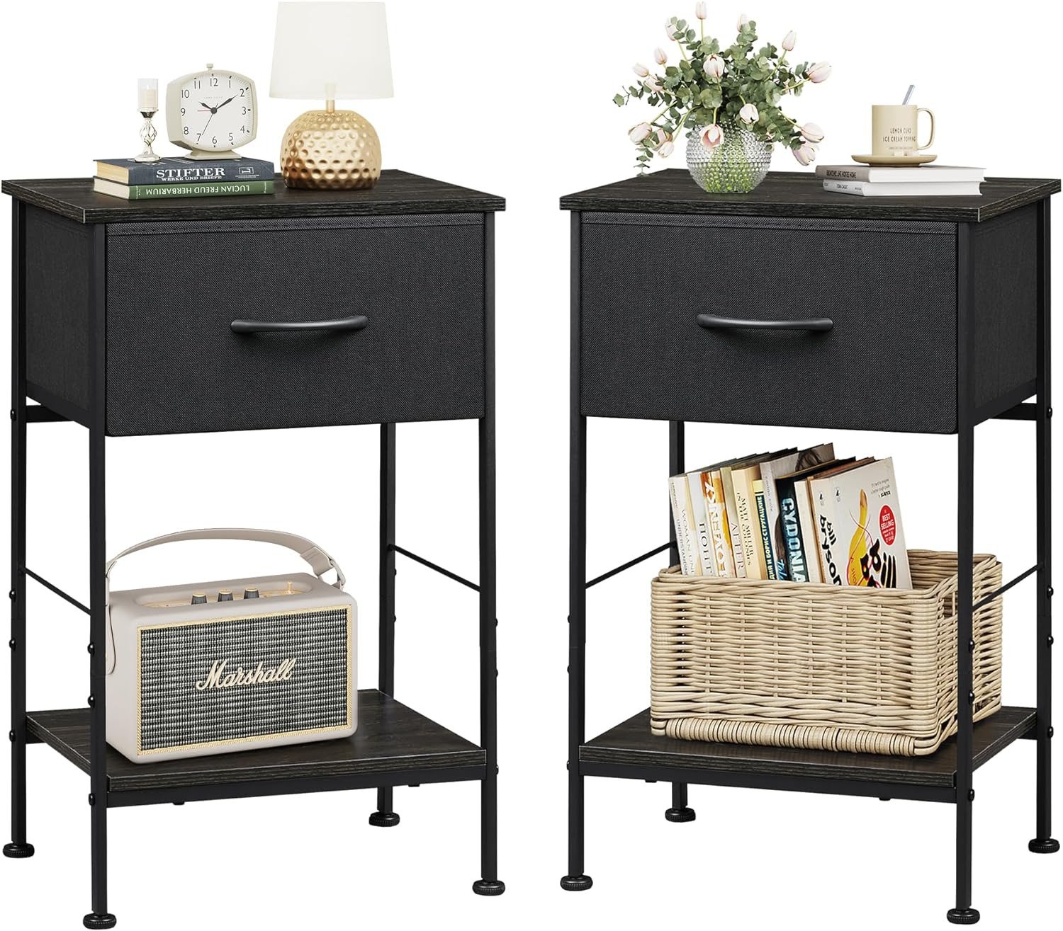 WLIVE Nightstand Set of 2, End Table with Fabric Storage Drawer and Open Wood Sh