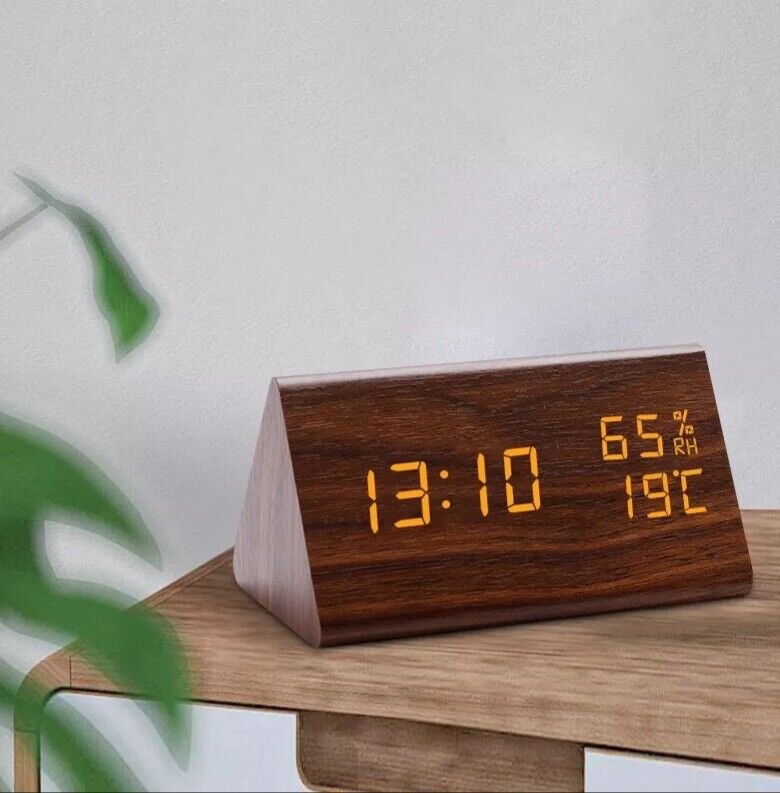 Wooden Alarm Clock Electronic Desktop Table Clock Triangle Shape USB Power