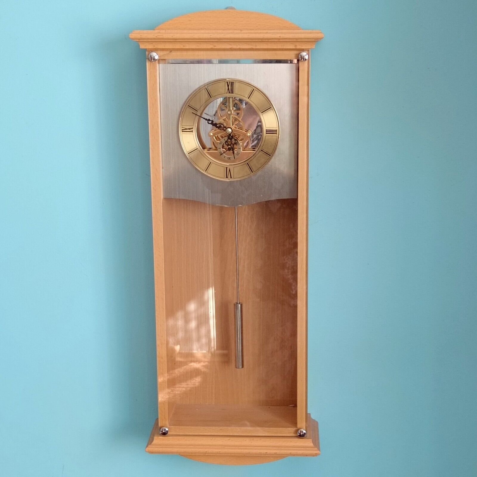 Wooden And Glass Large Wall Clock Skeleton With Pendulum 60/23/10 Cm Beige