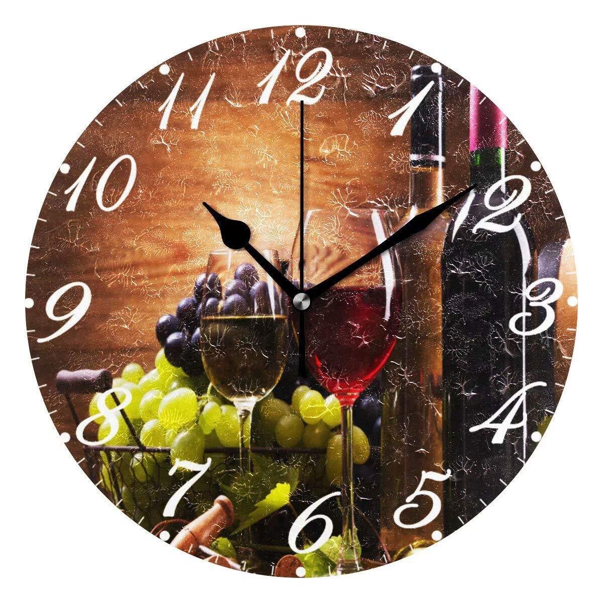Wooden Wine Wall Clock Silent Non Ticking,Round Grape Floral Clocks Battery O...