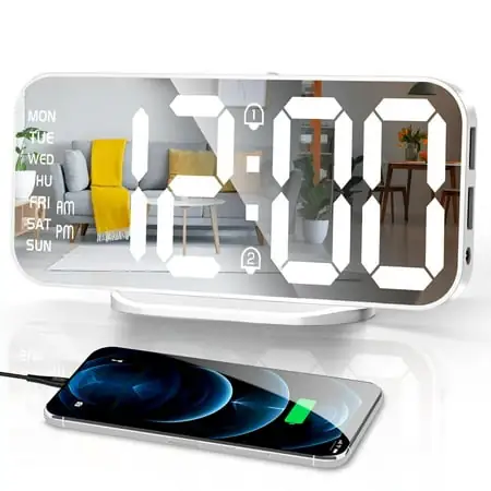 Worcest Digital Alarm Clock, Slim LED Mirror Desk Clocks for Bedrooms, Large Display with Diming