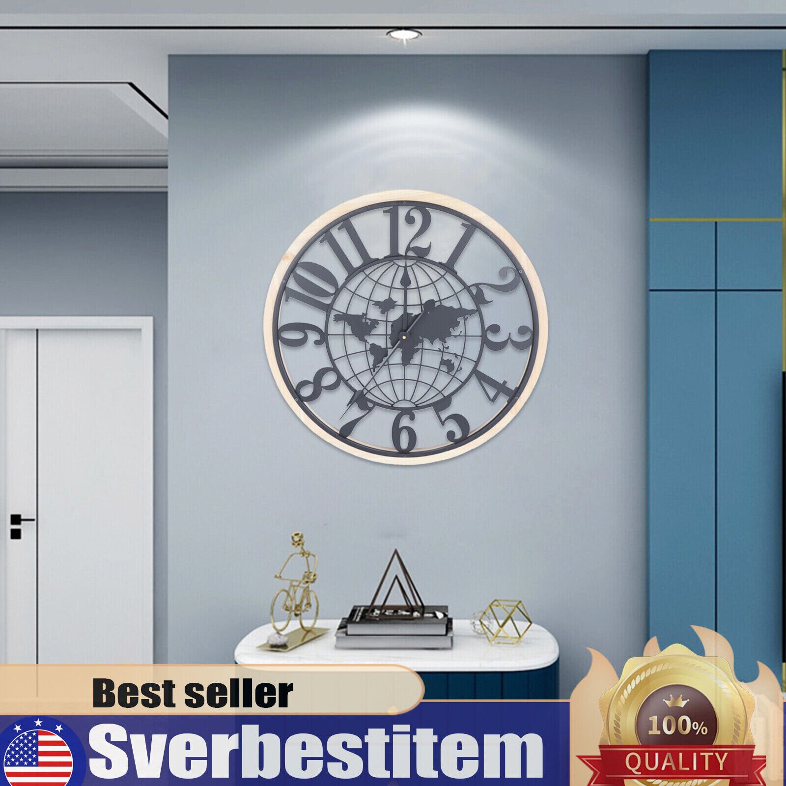World Map Wall Clock Earth Map Art Home Living Room Decor Quartz Clock 23" in