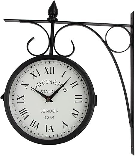 Wrought Iron Antique-Look Brown Round Double Sided Two Faces Retro Station Clock - Chandelier Wall Hanging With Scroll Side Mount for Home Decor (Black+White)