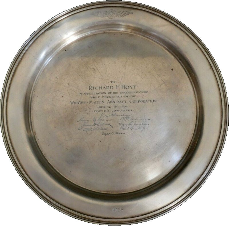 WWI Wright Martin Aircraft Corp Tiffany Sterling 5765G Silver Pres Plate RF HOYT