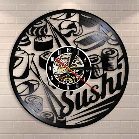 YanGxx Japanese Foodie Sushi Roll Wall Clock Sashimi Sushi Bar Vintage Vinyl Record Wall Clock Sushi Party Janpanese Gourmet Wall Decor