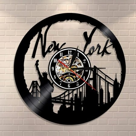 YanGxx New York Wall Clock NY Brooklyn Bridge Wall Art Vintage Vinyl Record Wall Clock USA Cityscape Travel Gift Decorative Vinyl Clock